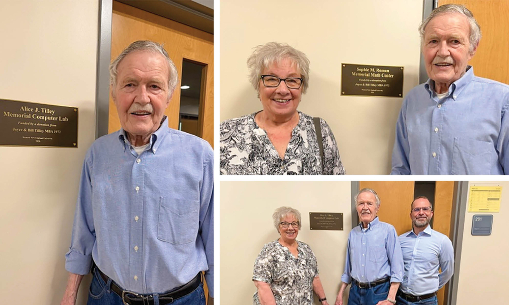 Collage of three pictures featuring Bill and Joyce Tilley standing next to plaques honoring their mothers.